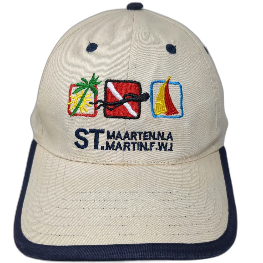 Beige OSFM Baseball Cap Hat St Maarten Martin Scuba Sailboat Palm Tree Strapback